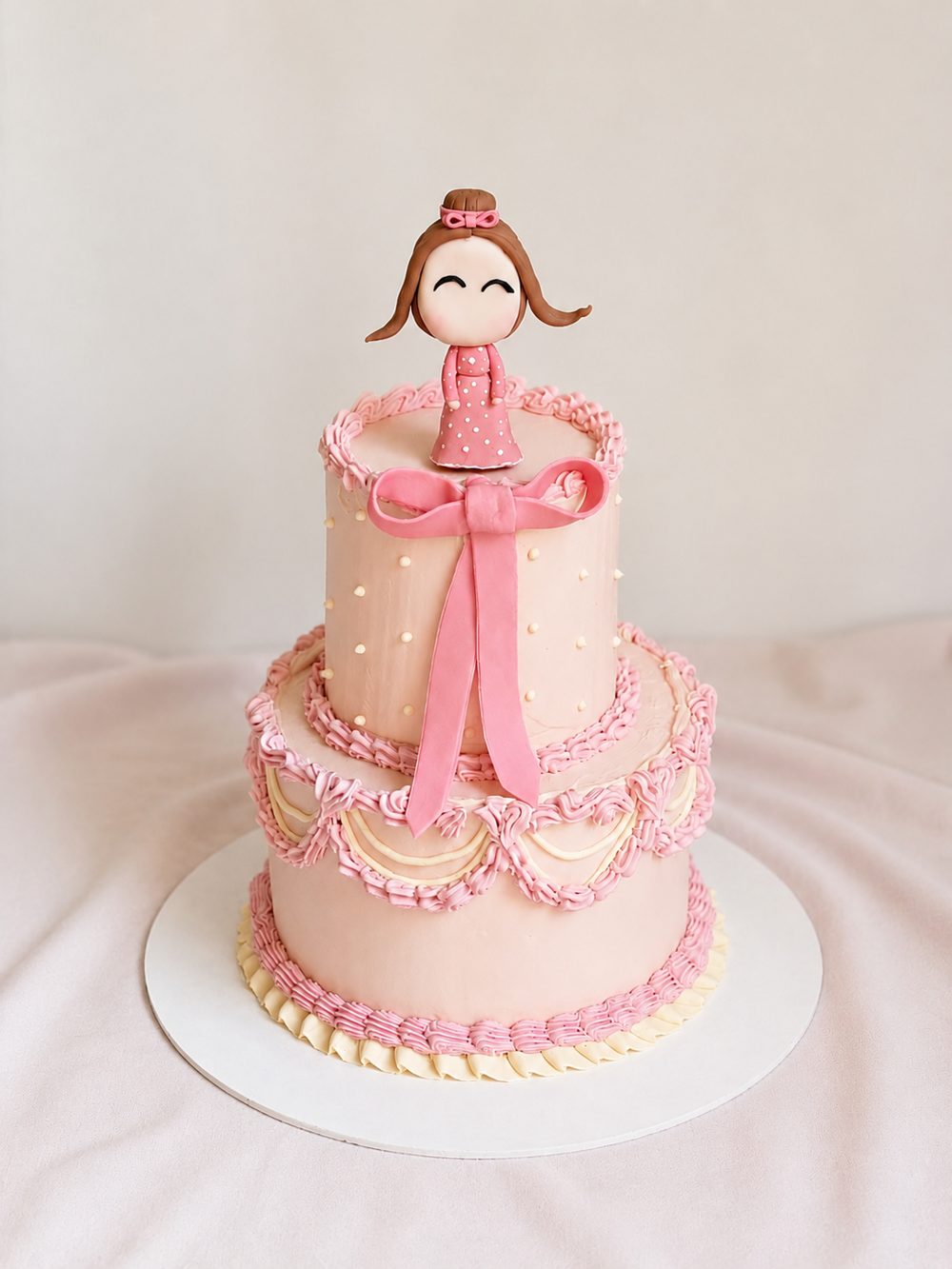 Torta elegante rosa con fiocco e topper bambina, Milka Sweet Cakes