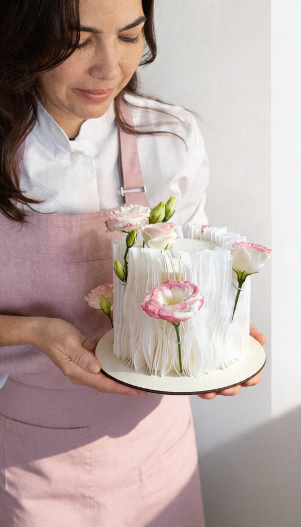 Milka con in mano una torta decorata con fiori freschi